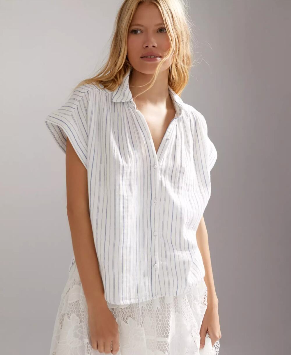 Citizens of Humanity Penny Short Sleeve Blouse Women's S Stripe White Cotton
